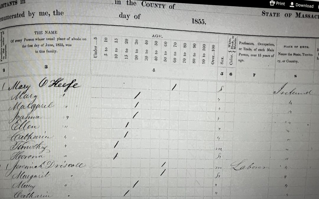 Mary O’Keefe with children Mary, Margaret, Ellen, Catherine, Timmothy, and Horona in Lowell, MA